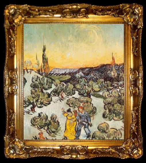 framed  Vincent Van Gogh Landscape with Couple Walking and Crescent Moon, ta009-2